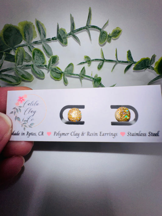 Tiny Gold Holographic Glitter Round Studs / Post Earrings