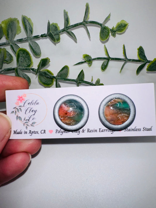 Round Pink and Blue Ocean Inspired Studs / Post Earrings