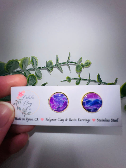 Round Purple Marbled Gold Studs / Post Earrings