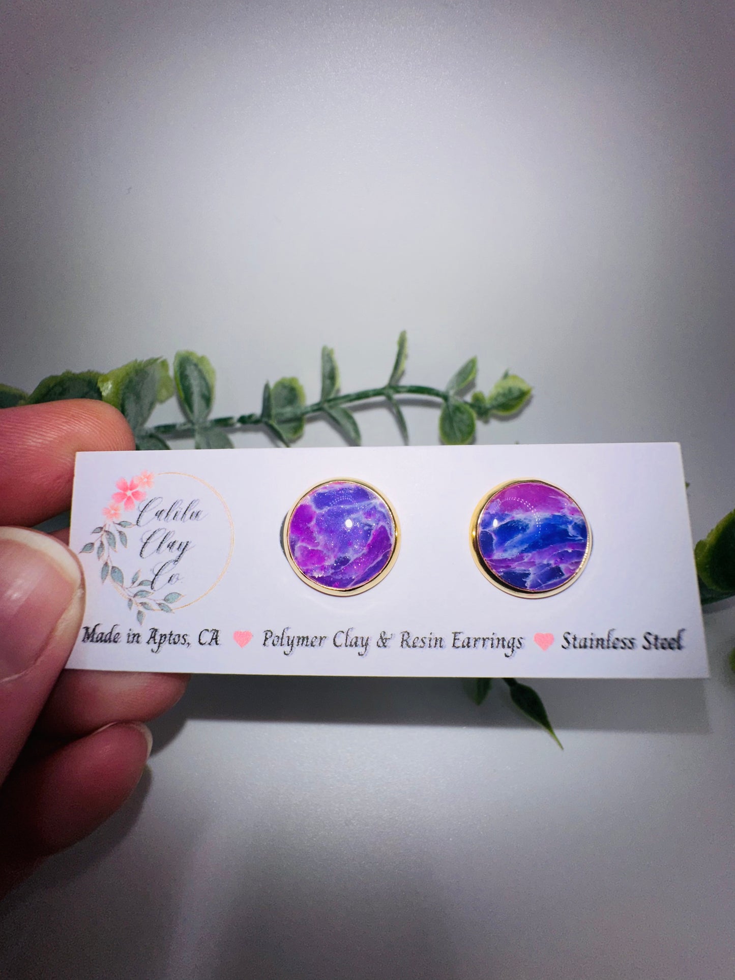 Round Purple Marbled Gold Studs / Post Earrings