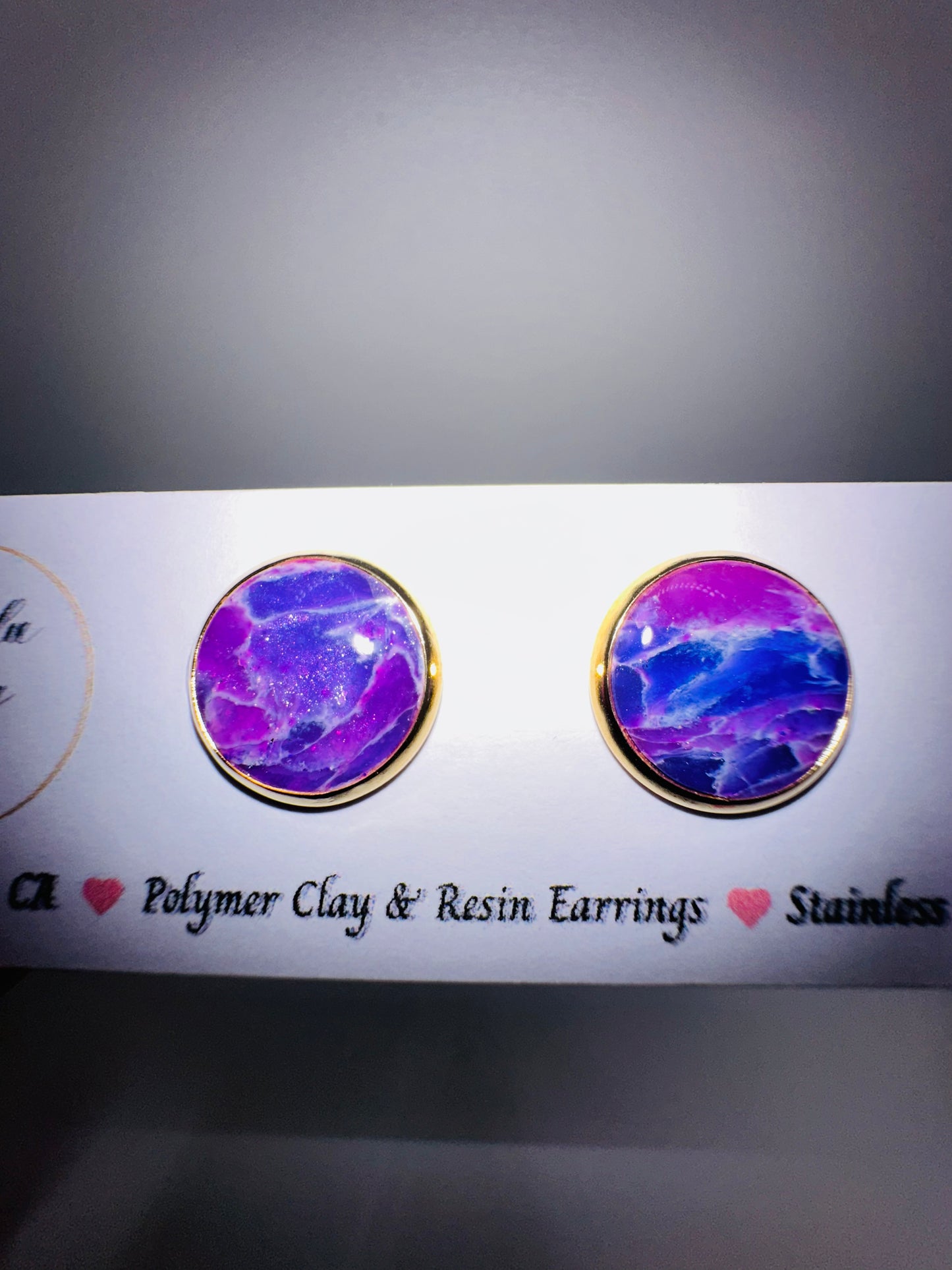 Round Purple Marbled Gold Studs / Post Earrings