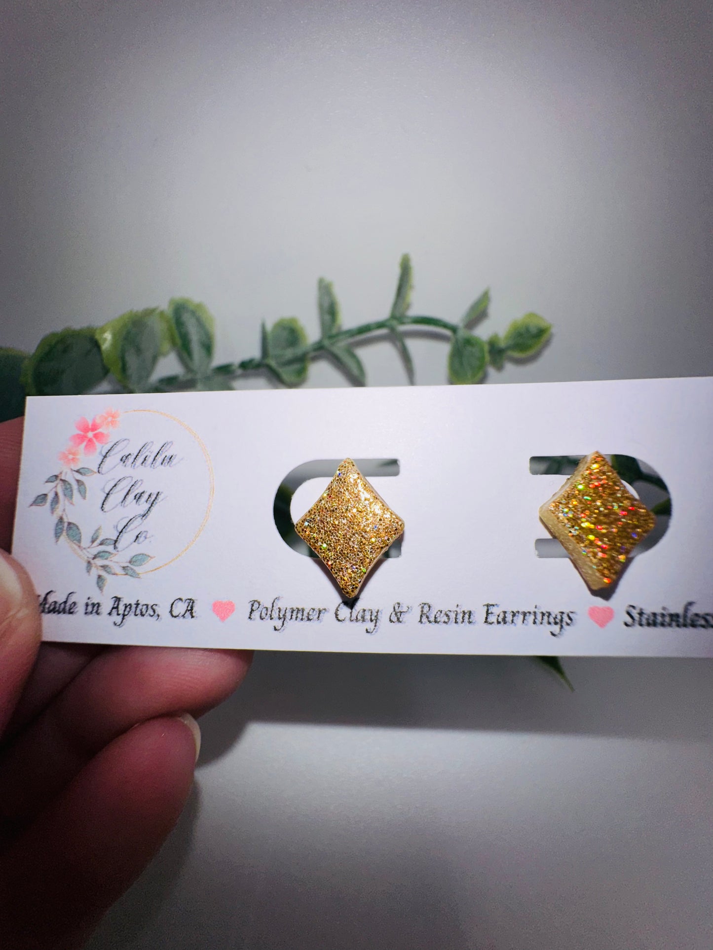 Gold Holographic Glitter Inverted Diamond Studs / Post Earrings