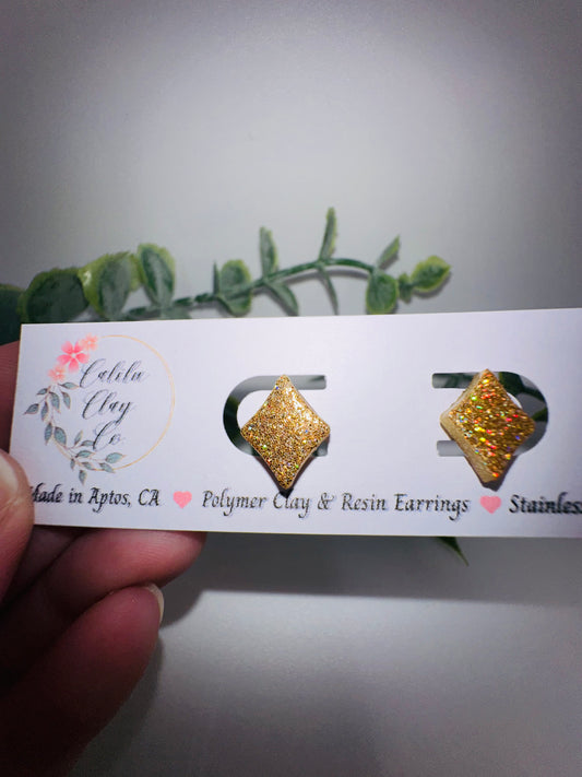 Gold Holographic Glitter Inverted Diamond Studs / Post Earrings