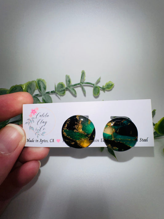 Teal, Gold, Black Round Marbled Studs / Post Earrings