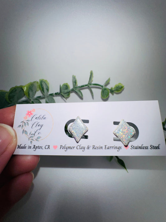 Silver/White Holographic Glitter Inverted Diamond Studs / Post Earrings