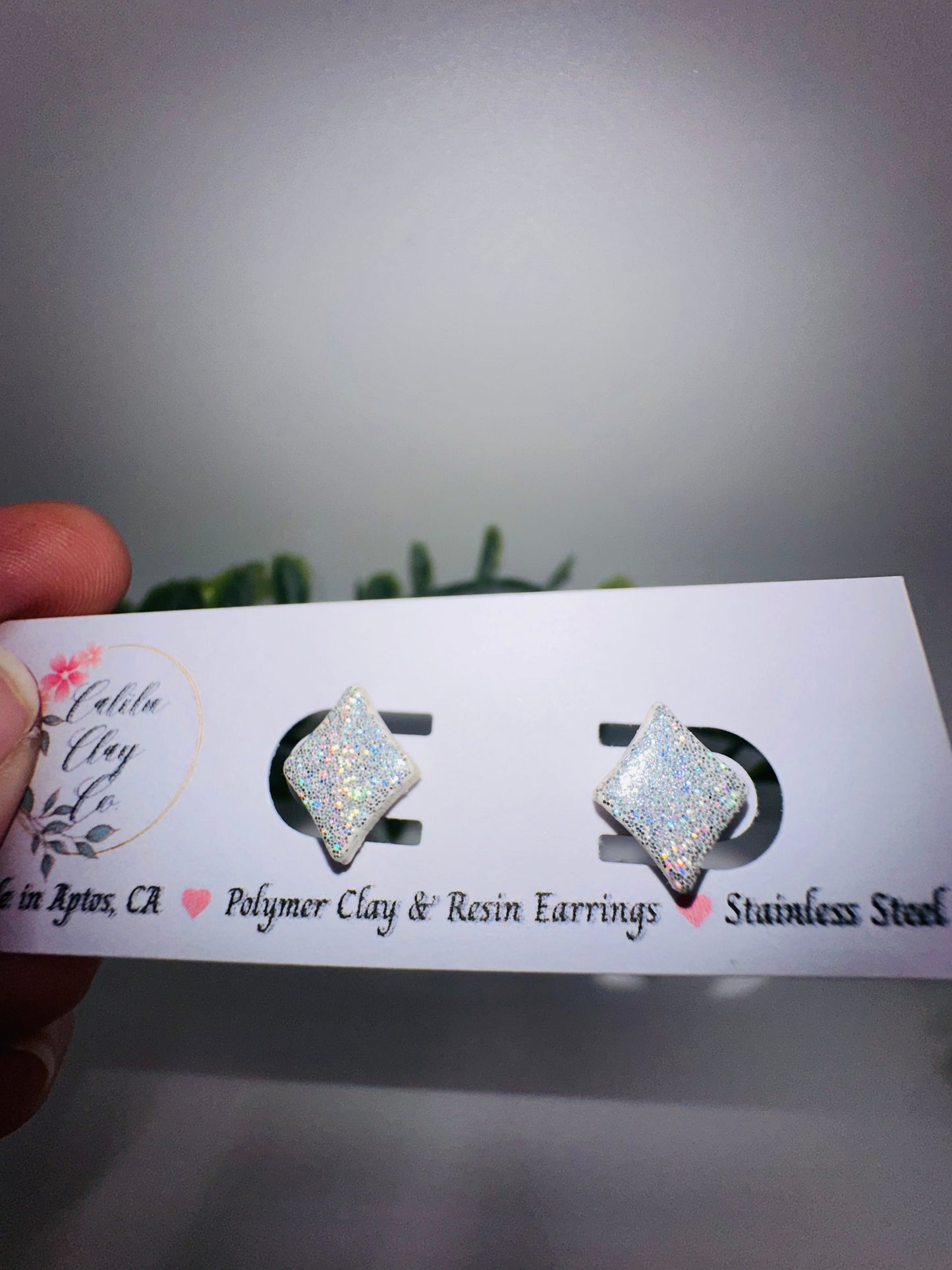 Silver/White Holographic Glitter Inverted Diamond Studs / Post Earrings