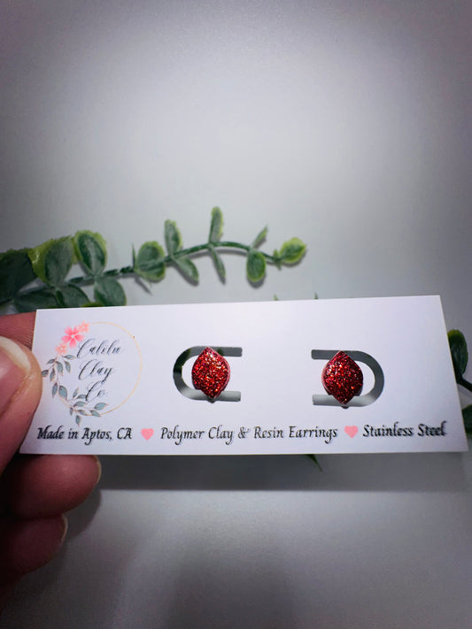Red Glitter Rounded Diamond Studs / Post Earrings