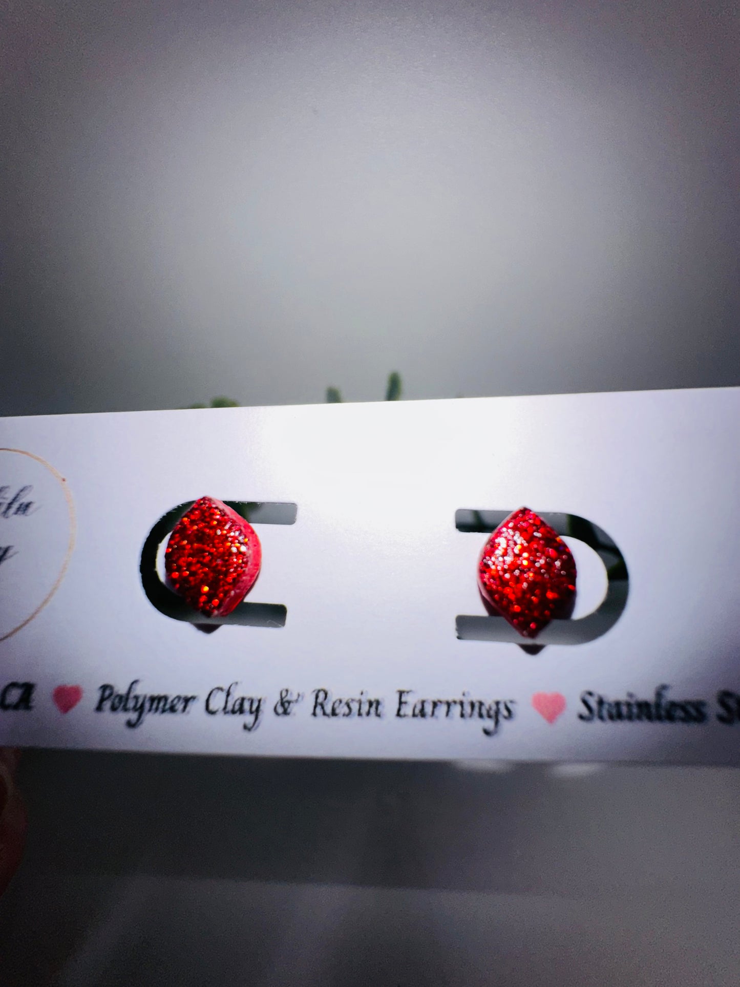 Red Glitter Rounded Diamond Studs / Post Earrings