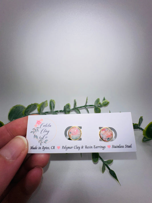 Round Pink and Blue Marbled Studs / Post Earrings