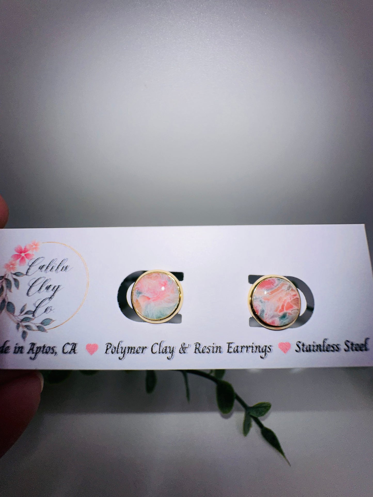 Round Pink and Blue Marbled Studs / Post Earrings