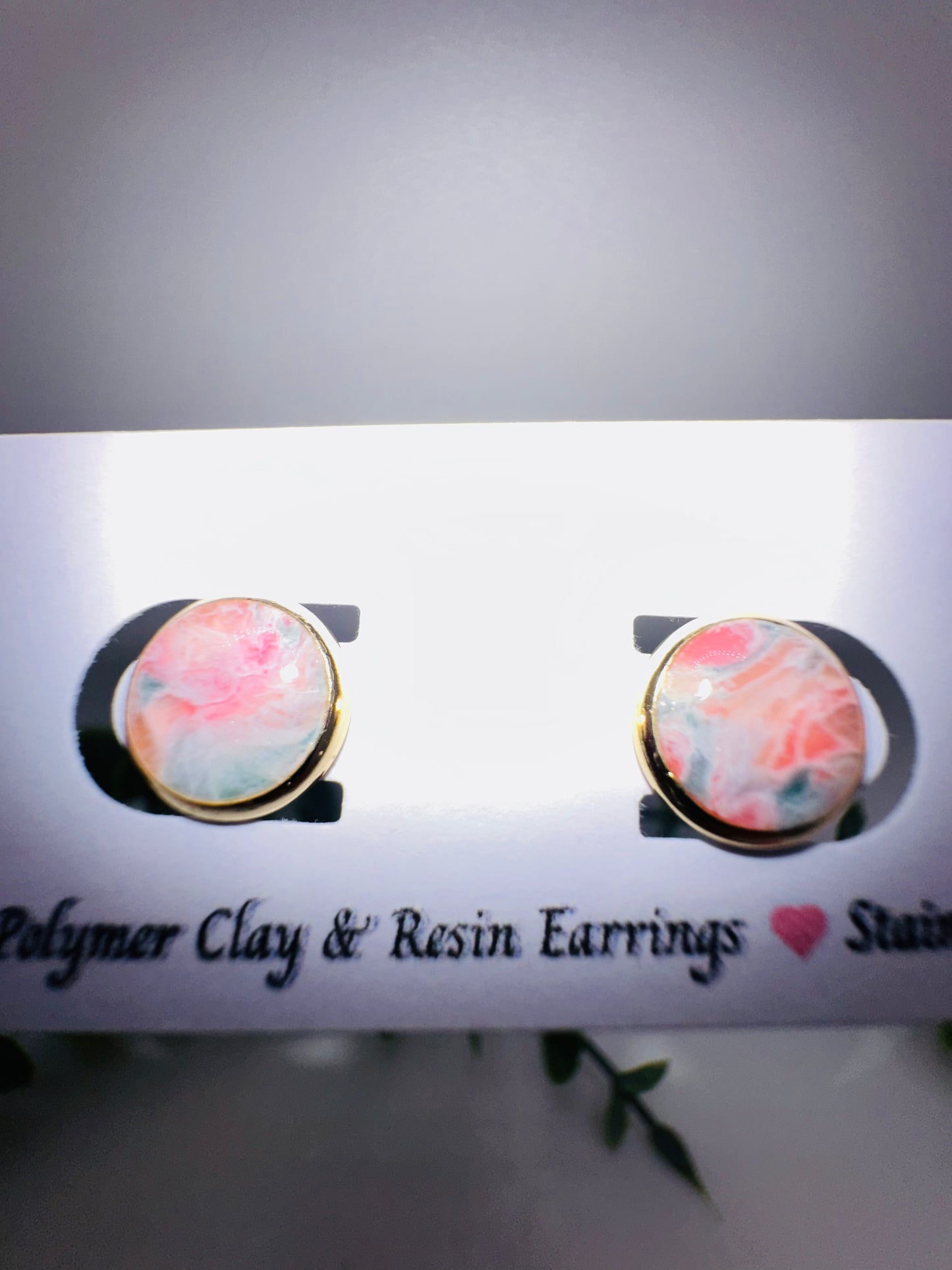 Round Pink and Blue Marbled Studs / Post Earrings