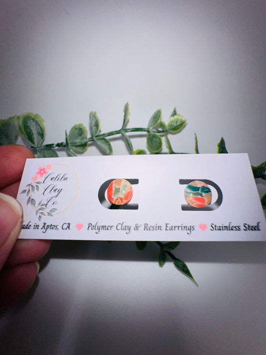 Tiny Teal and Salmon Marbled Jelly Studs / Post Earrings