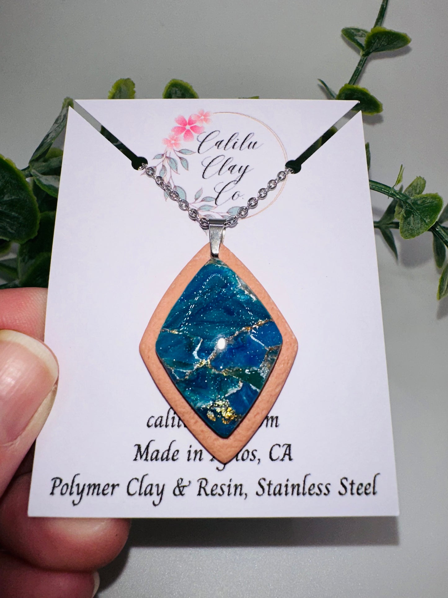 Marbled Blue/Gold Faux Stone Diamond Pendant