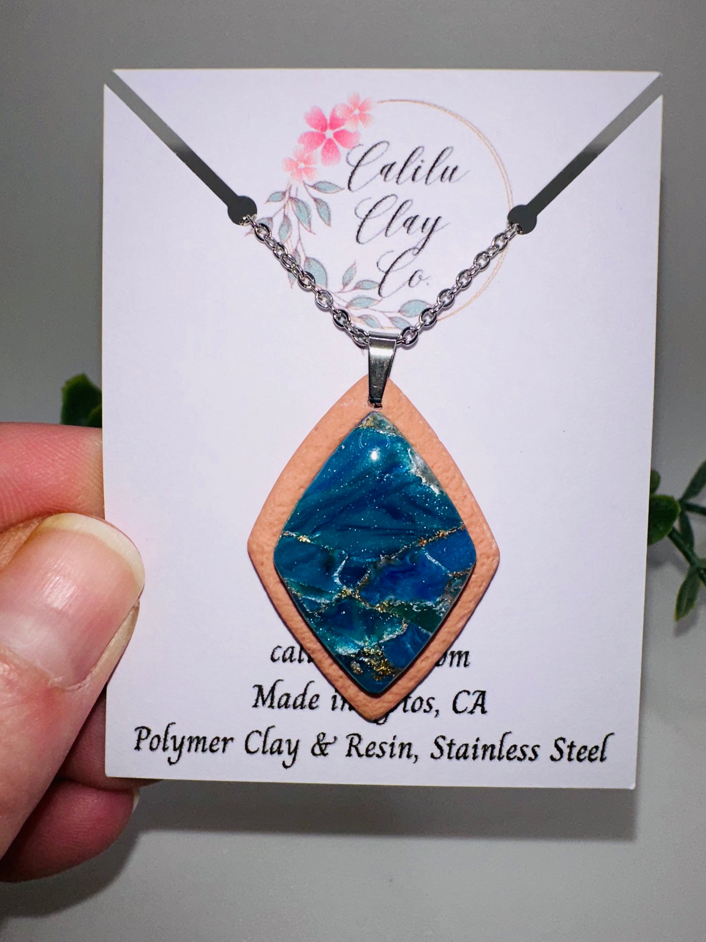 Marbled Blue/Gold Faux Stone Diamond Pendant