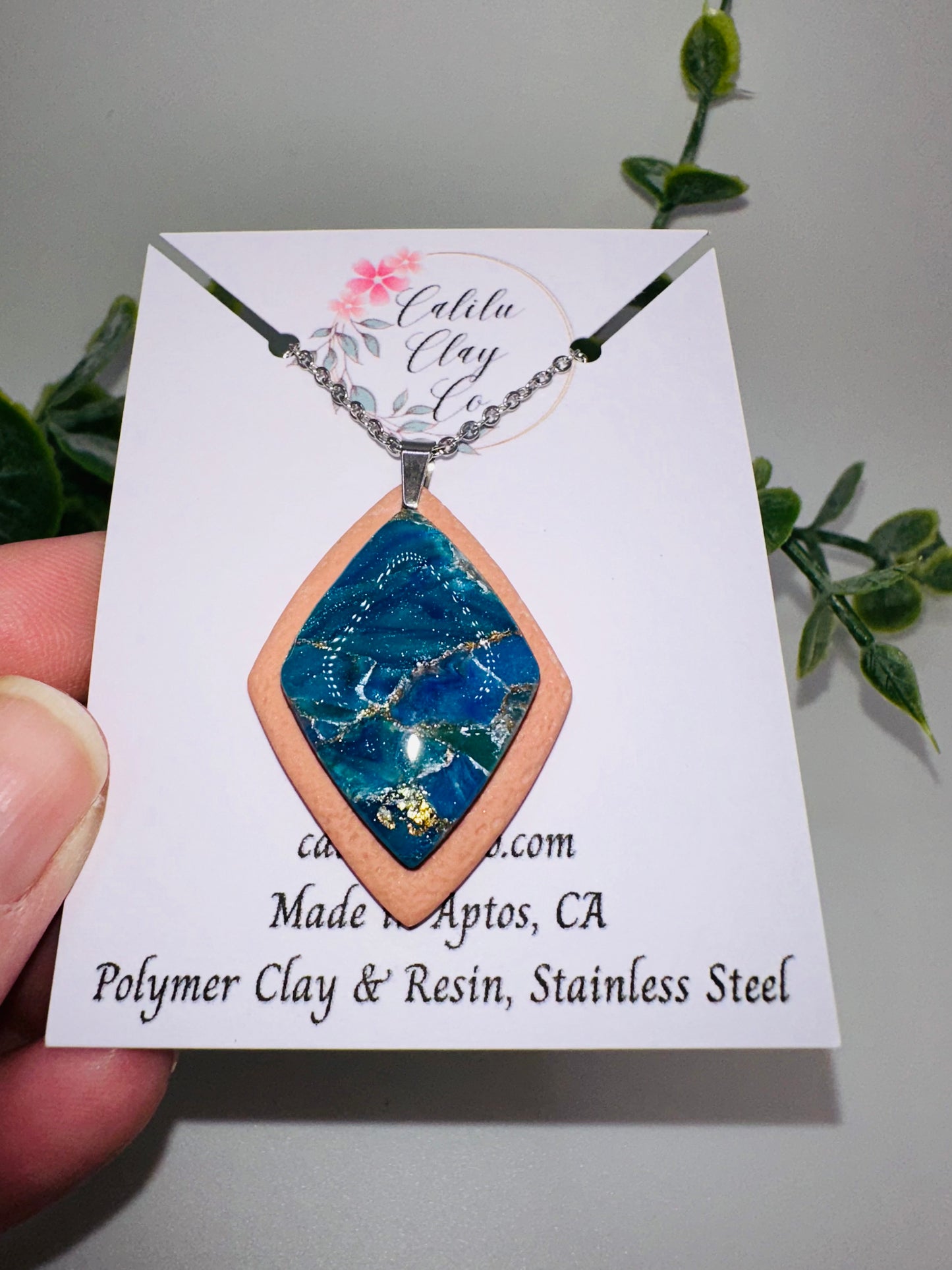 Marbled Blue/Gold Faux Stone Diamond Pendant