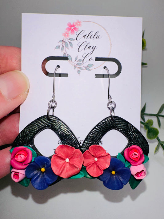 Pink and Purple Floral Bouquet on Square Hoop Dangles