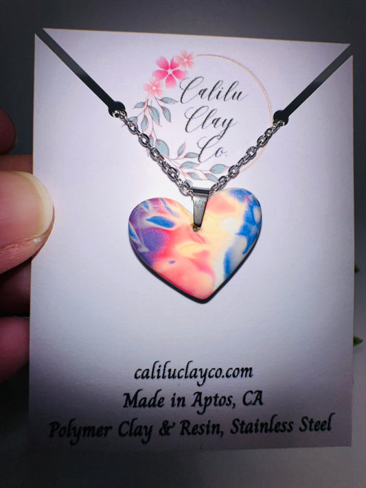 Mokume Gane Floral Purple and Coral Heart Necklace