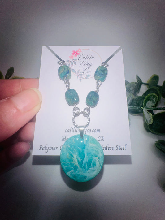 Abstract Teal Marbled Ocean Beaded Necklace