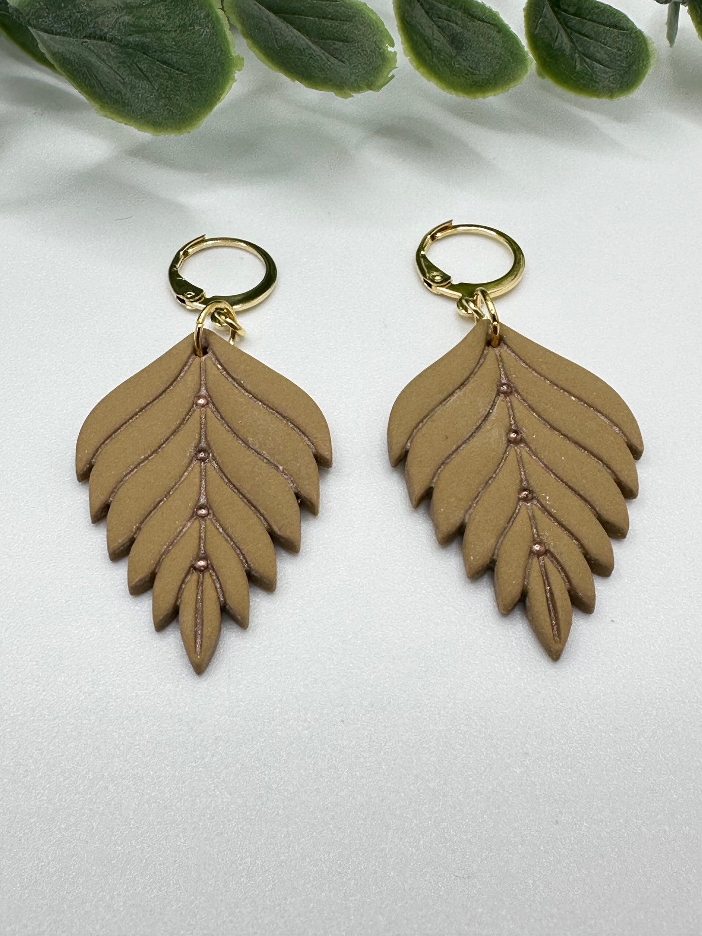 Tan Elegant Leaf Dangles Earrings with Mini Stainless Steel Hoops