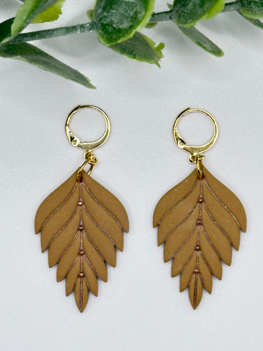 Tan Elegant Leaf Dangles Earrings with Mini Stainless Steel Hoops