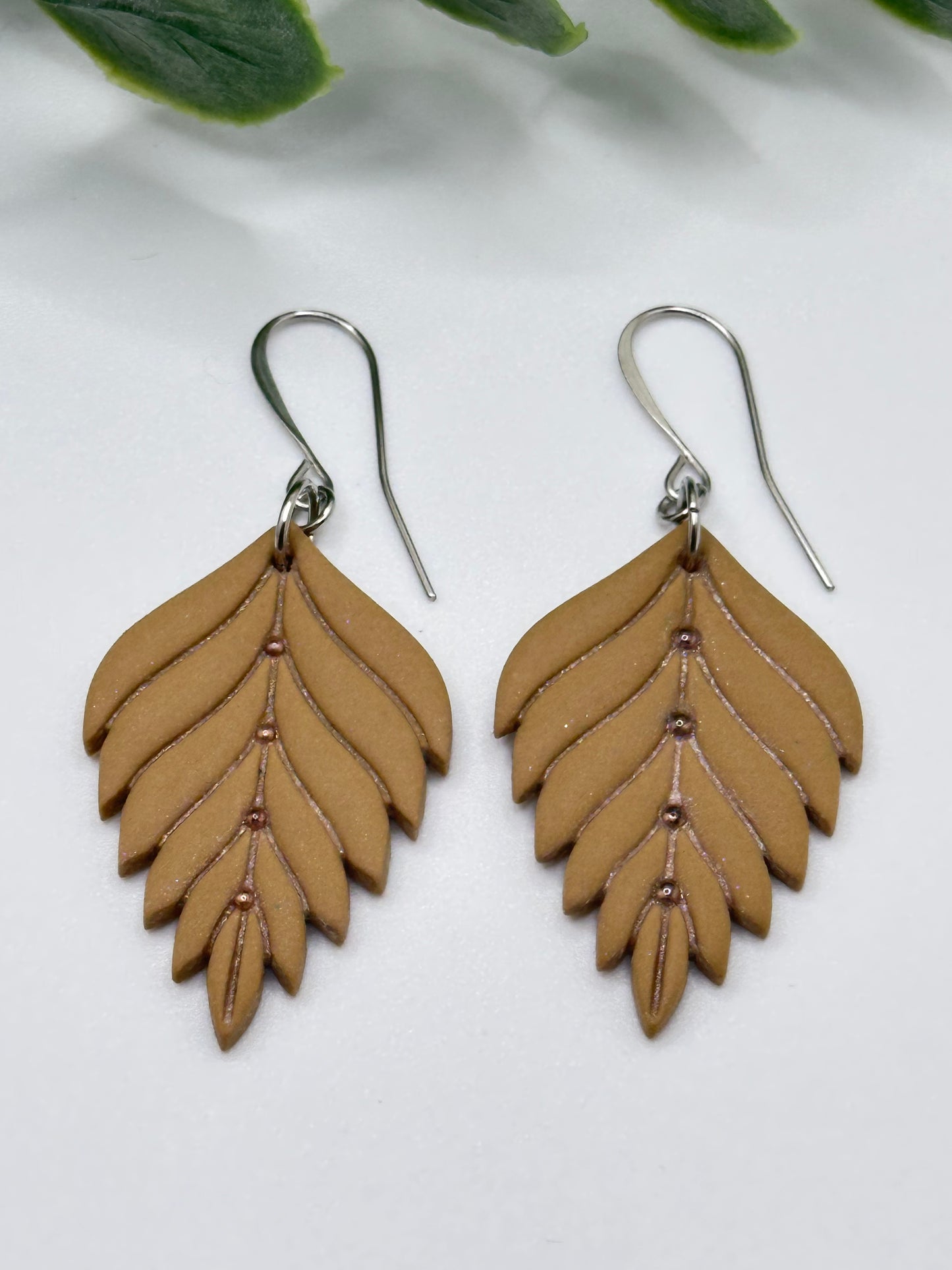 Tan Elegant Leaf Dangles Earrings with Stainless Steel Accents