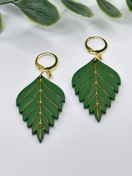 Green Elegant Leaf Dangles Earrings with Mini Stainless Steel Hoops