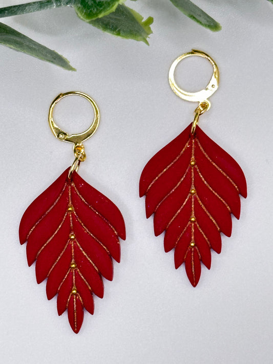 Red Elegant Leaf Dangles Earrings with Mini Stainless Steel Hoops