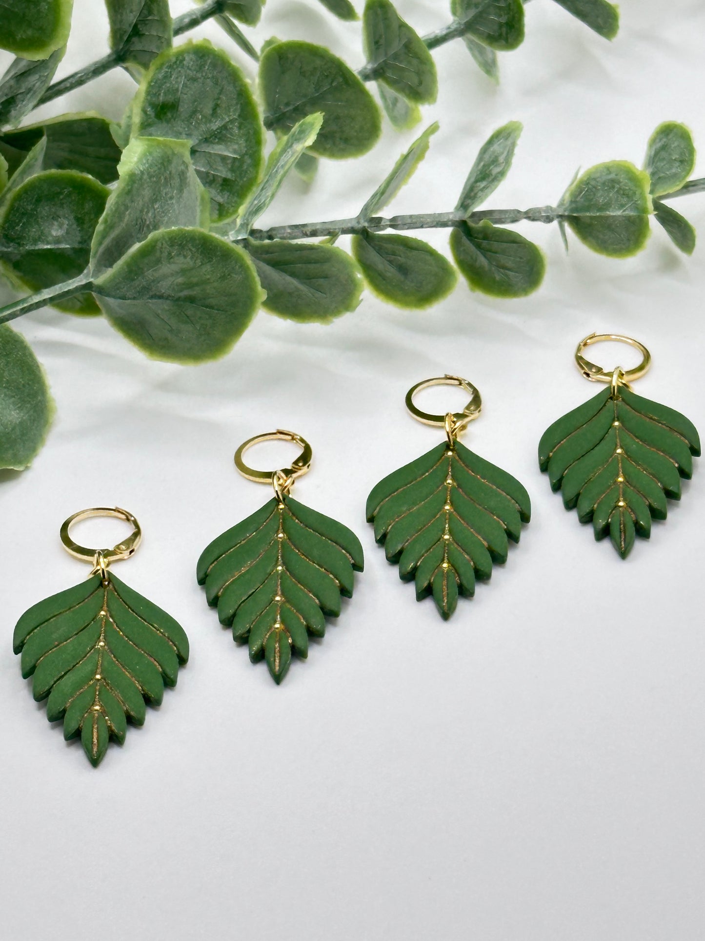 Green Elegant Leaf Dangles Earrings with Mini Stainless Steel Hoops
