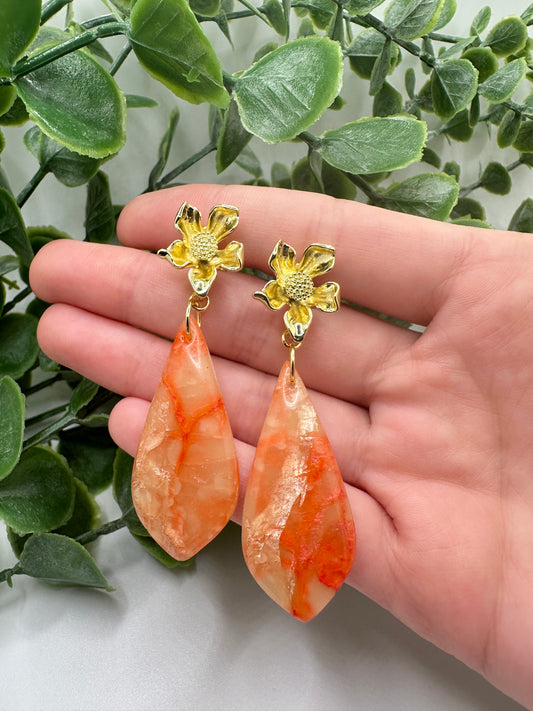 Coral Drop Dangles with Gold Stainless Flower Posts Earrings