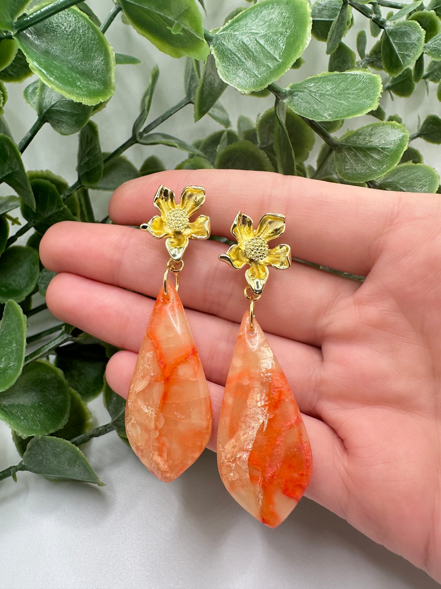 Coral Drop Dangles with Gold Stainless Flower Posts Earrings