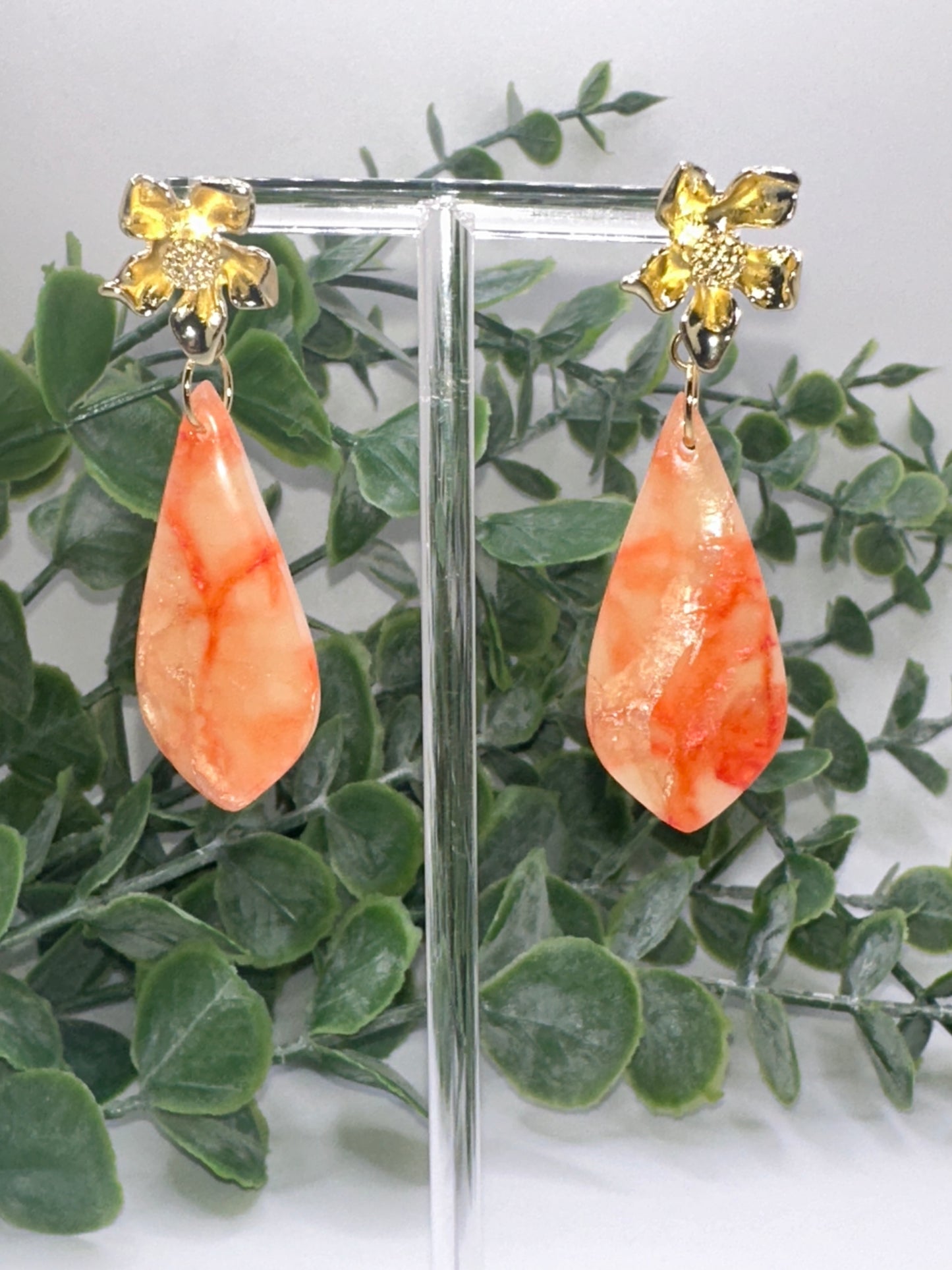 Coral Drop Dangles with Gold Stainless Flower Posts Earrings
