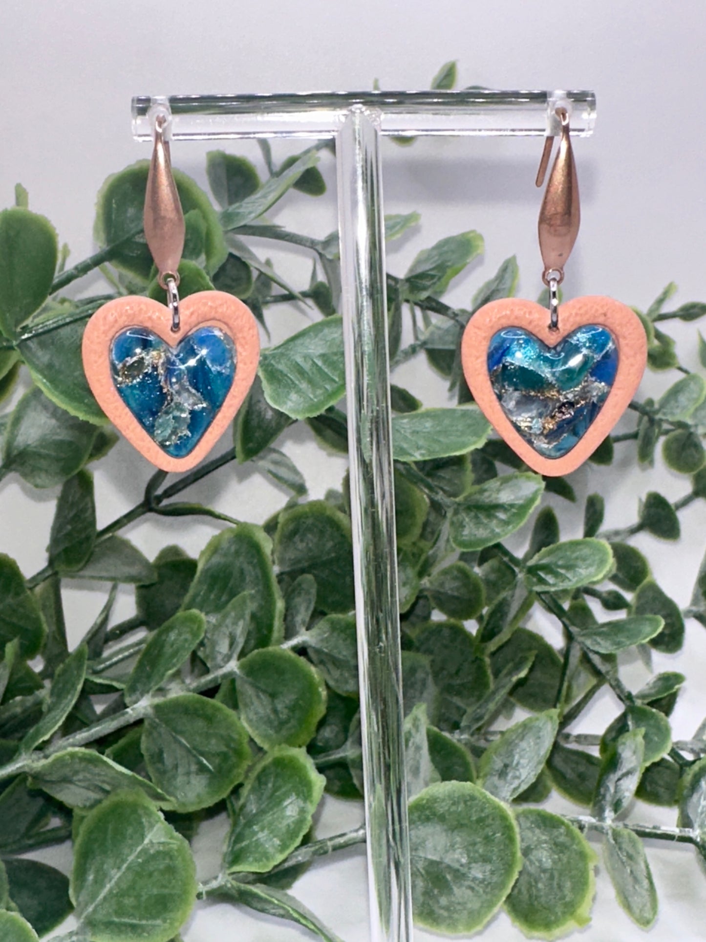 Blue Ocean Marbled Stone Heart Dangles Earrings