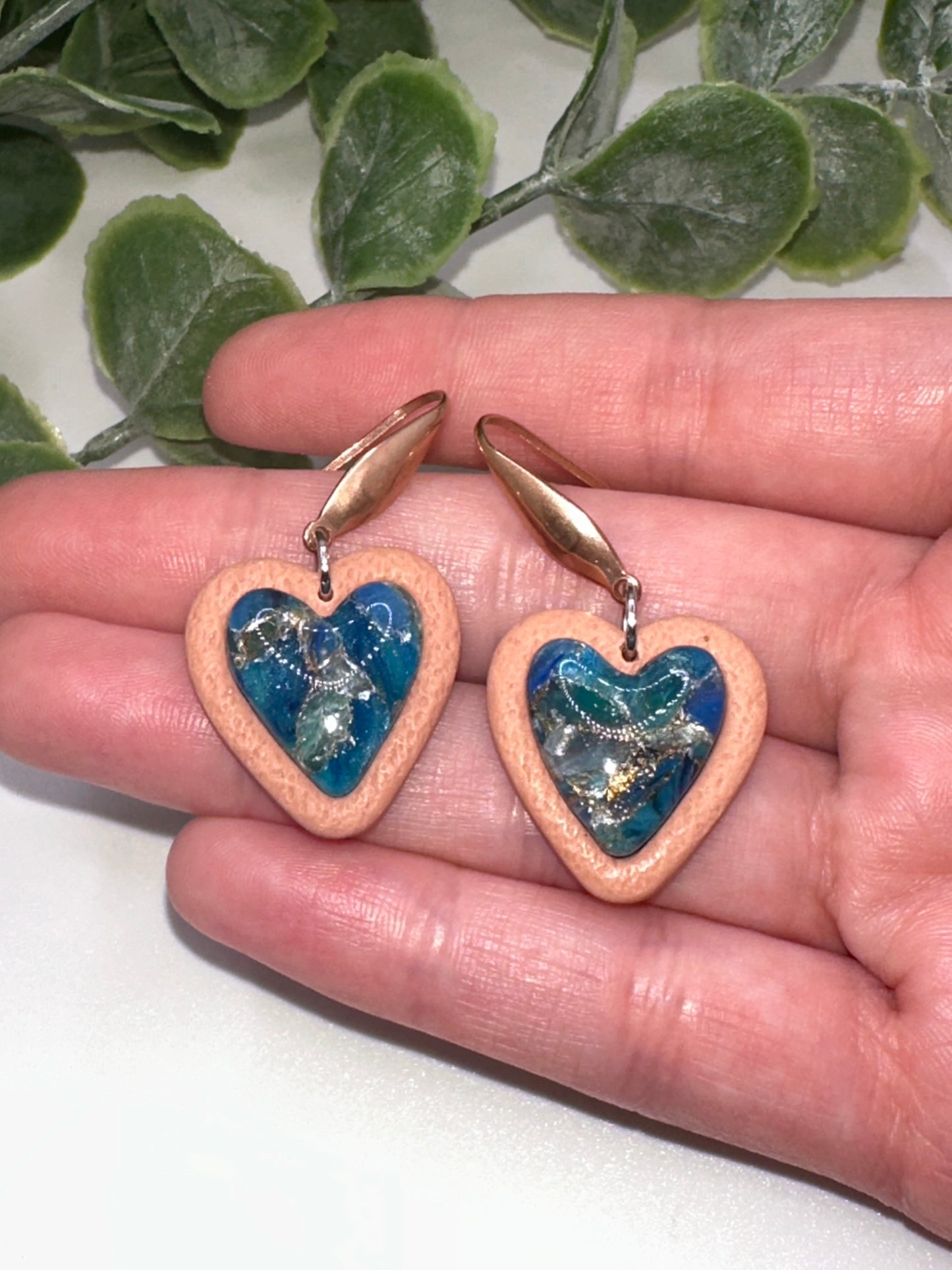 Blue Ocean Marbled Stone Heart Dangles Earrings