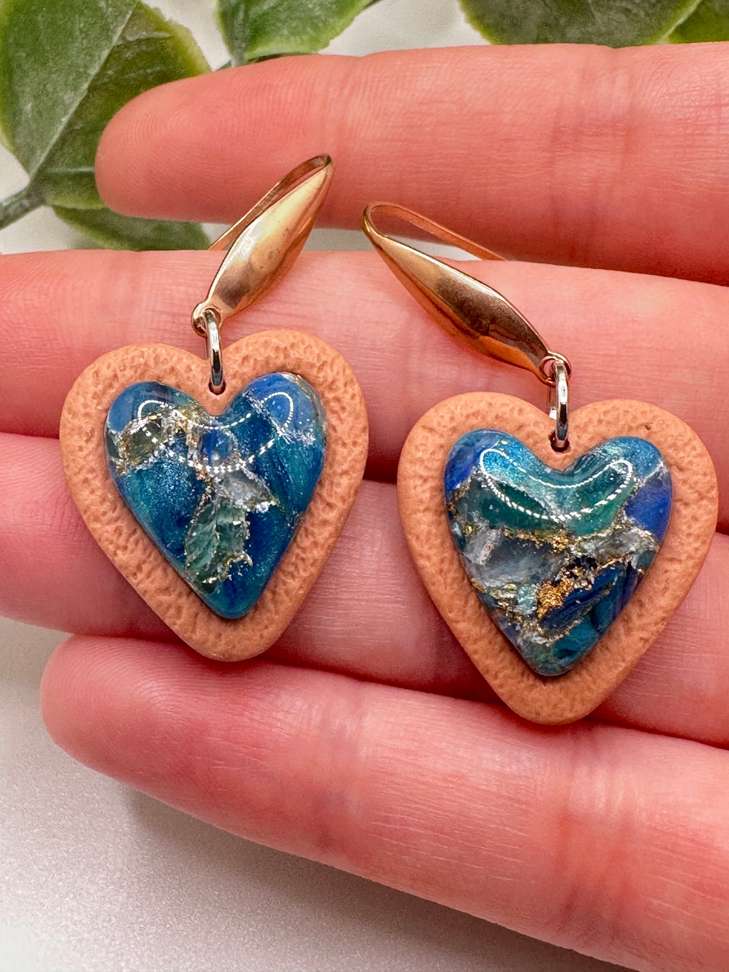 Blue Ocean Marbled Stone Heart Dangles Earrings