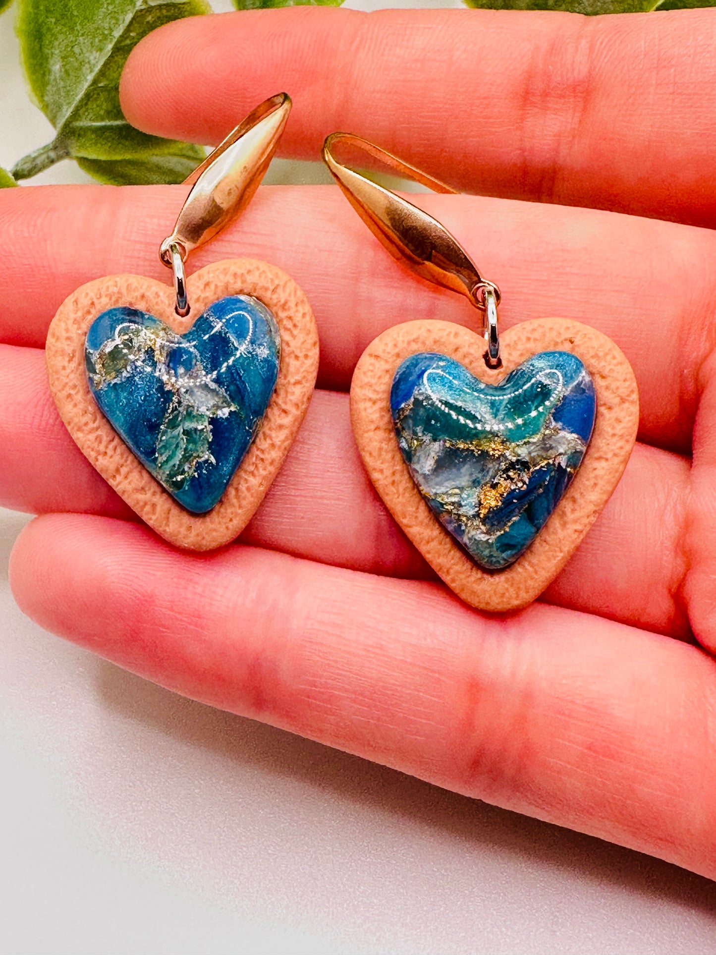 Blue Ocean Marbled Stone Heart Dangles Earrings
