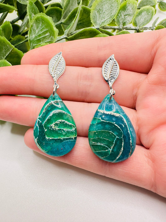 Green Marbled Leaf Dangles Earrings