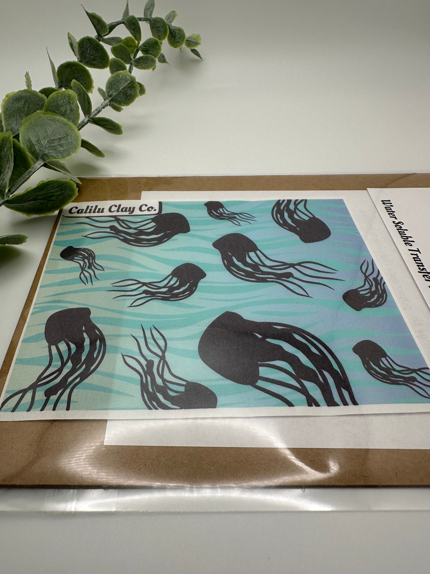 Jellyfish and Teal Wavy Lines Polymer Clay Water-Soluble Transfer Sheet