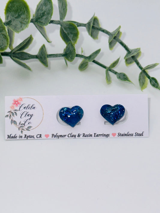 Sparkly Blue Marbled Heart Studs