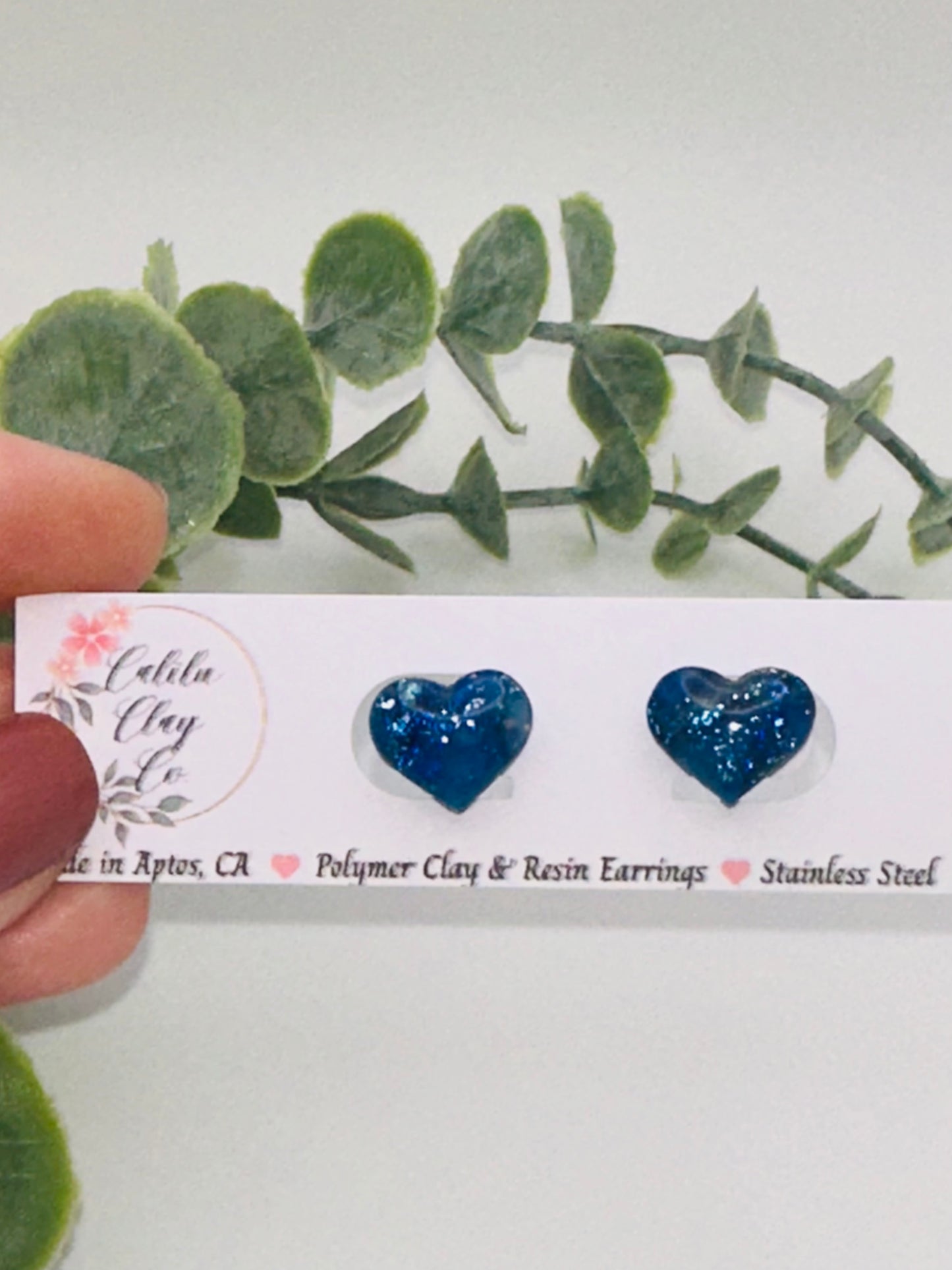 Sparkly Blue Marbled Heart Studs