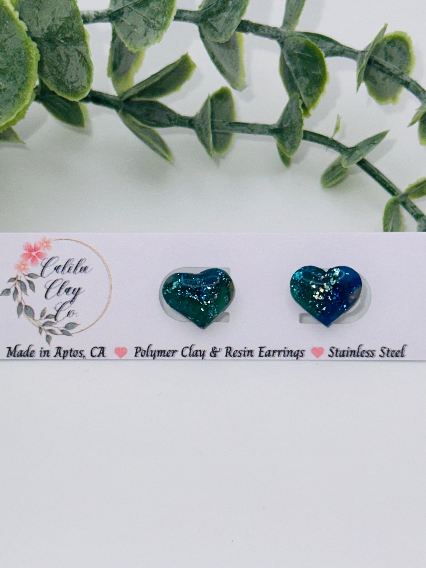 Sparkly Blue Marbled Heart Studs