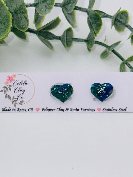 Sparkly Blue Marbled Heart Studs