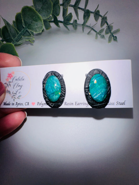 Teal Marbled Oval Studs