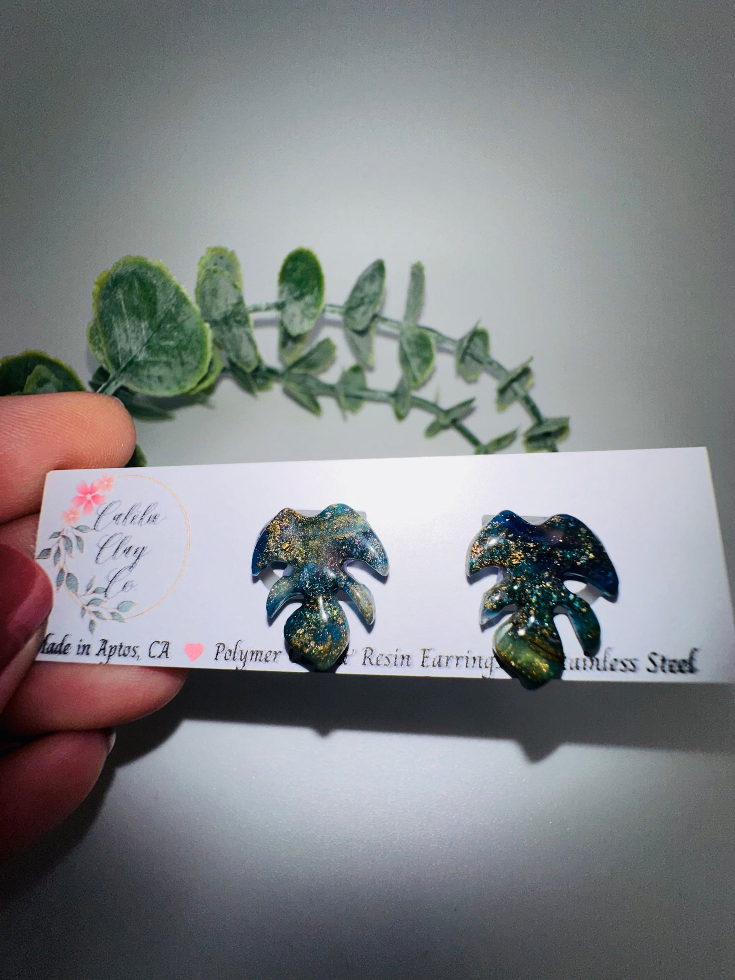 Marbled Monstera Leaves Studs