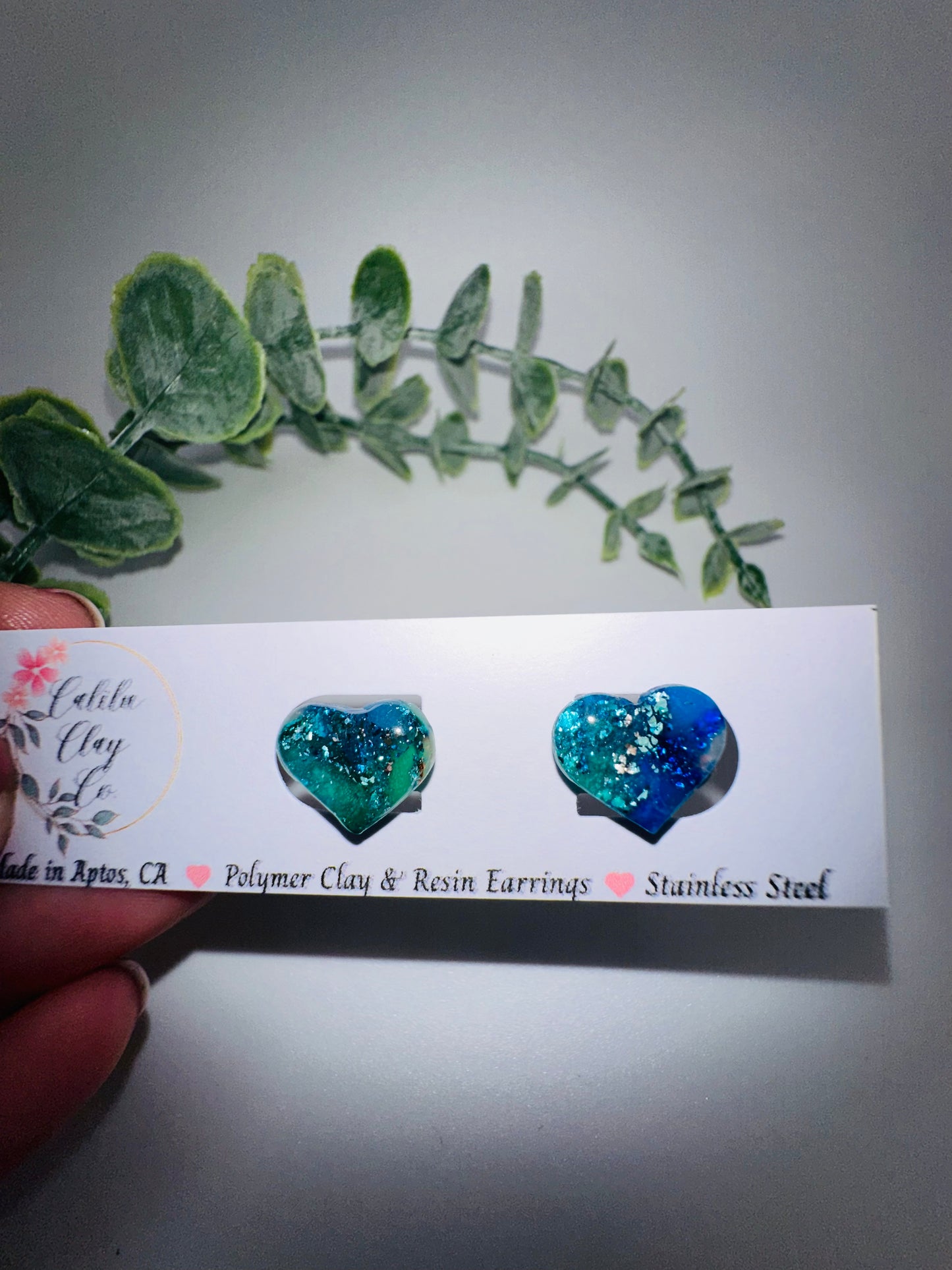 Sparkly Blue Marbled Heart Studs