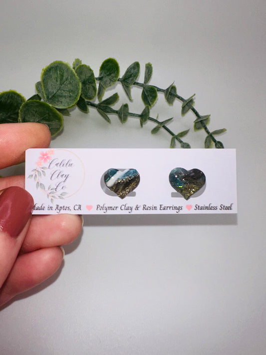 Ocean Marbled Heart Studs