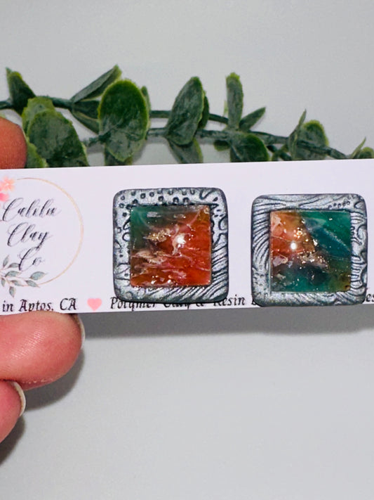 Marbled Pink and Blue Square Abstract Ocean Studs