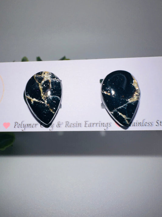 Black and Gold Marbled Teardrop Studs