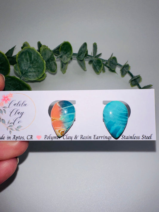 Marbled Pink and Blue Teardrop Abstract Ocean Studs