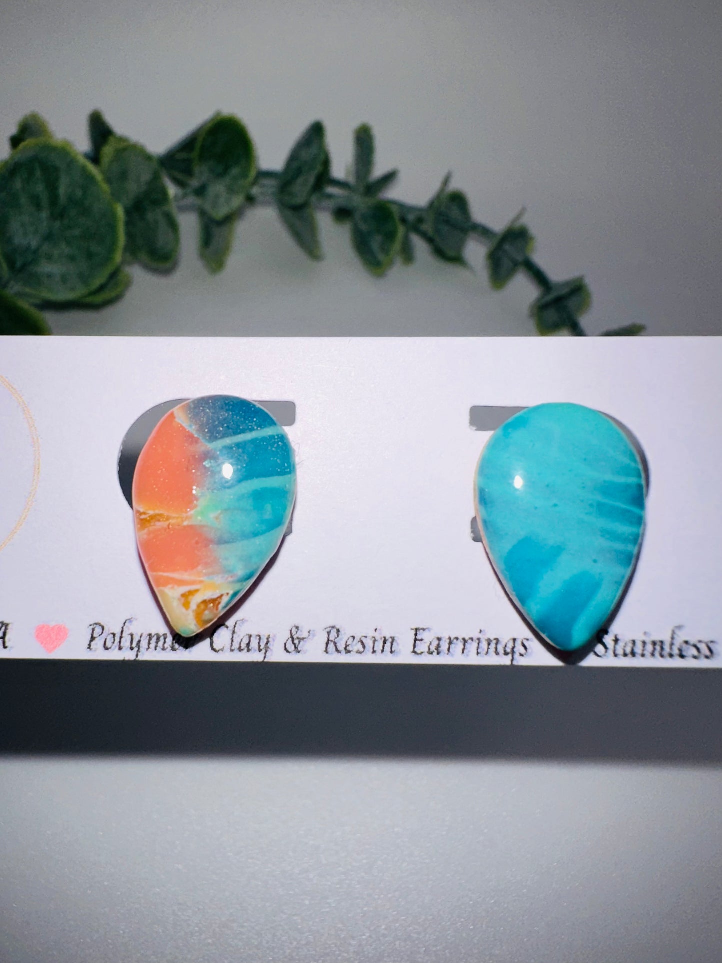 Marbled Pink and Blue Teardrop Abstract Ocean Studs