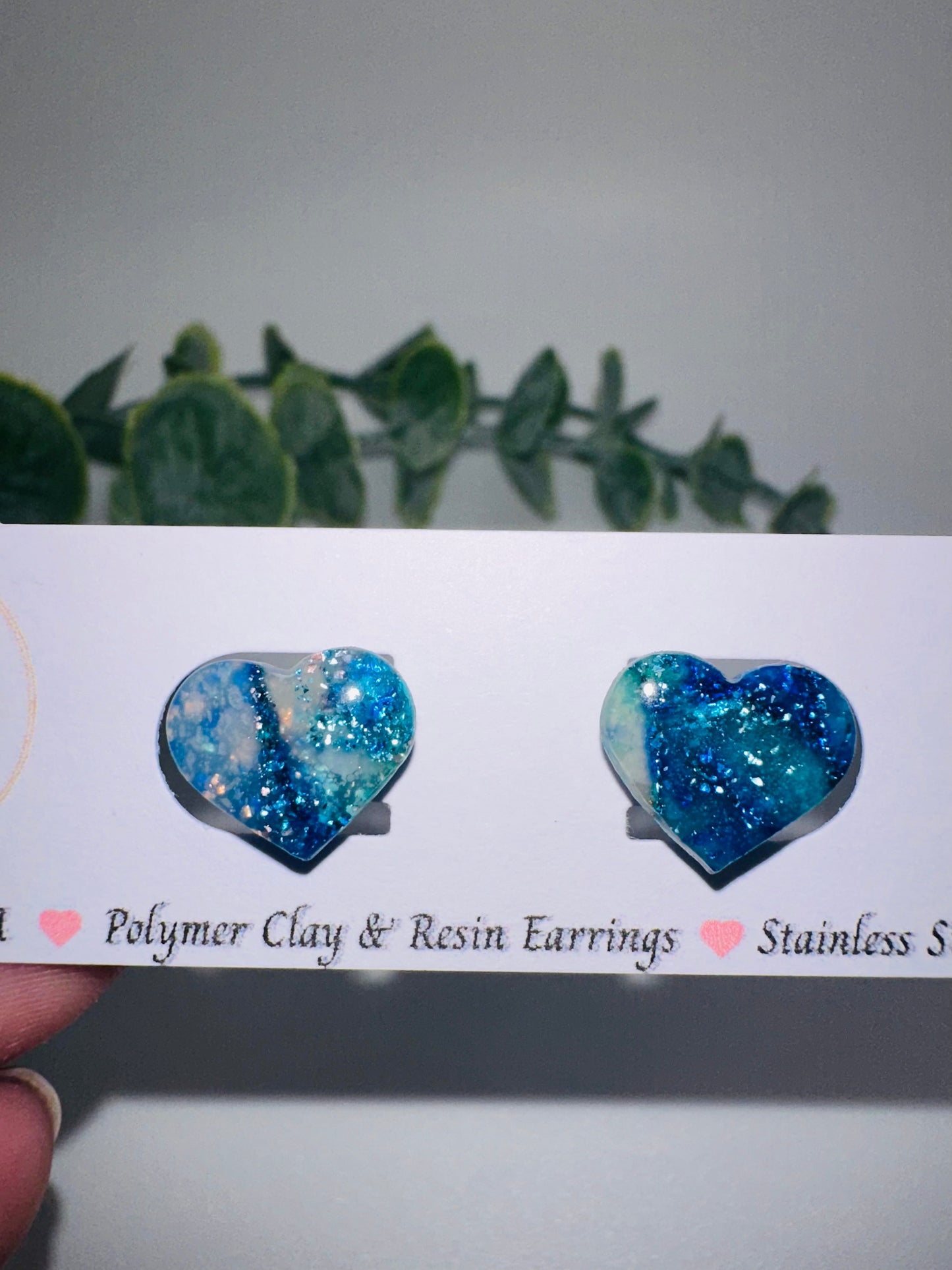 Sparkly Blue Marbled Heart Studs